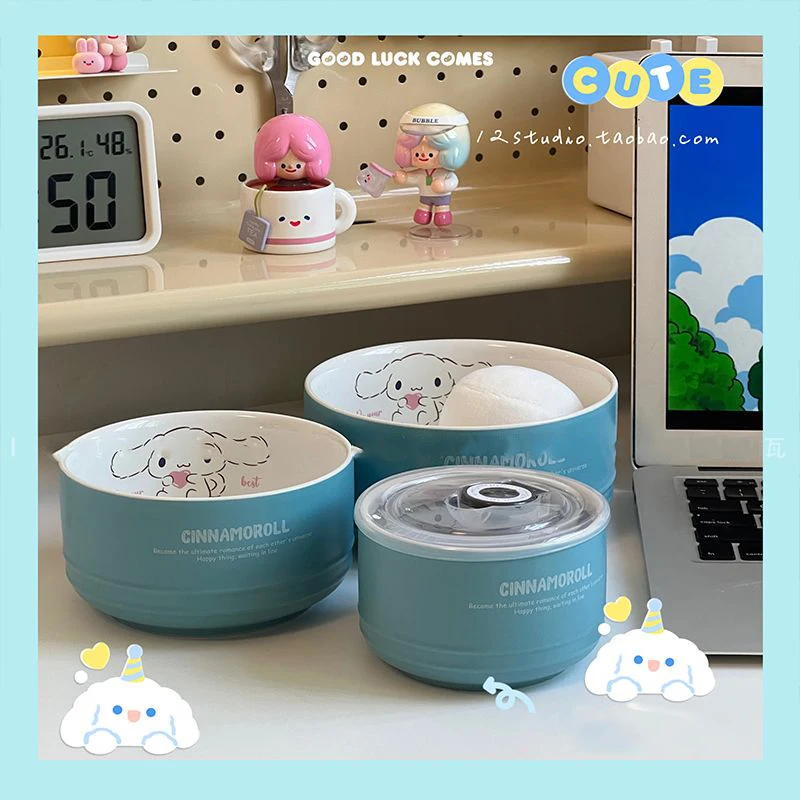 

Sanrio Animal Cinnamoroll Cute Noodle Cup Bowl Children Ceramic Bowl Sealed Lid Portable Instant Noodle Bowl Lunch Ceramic Bowl