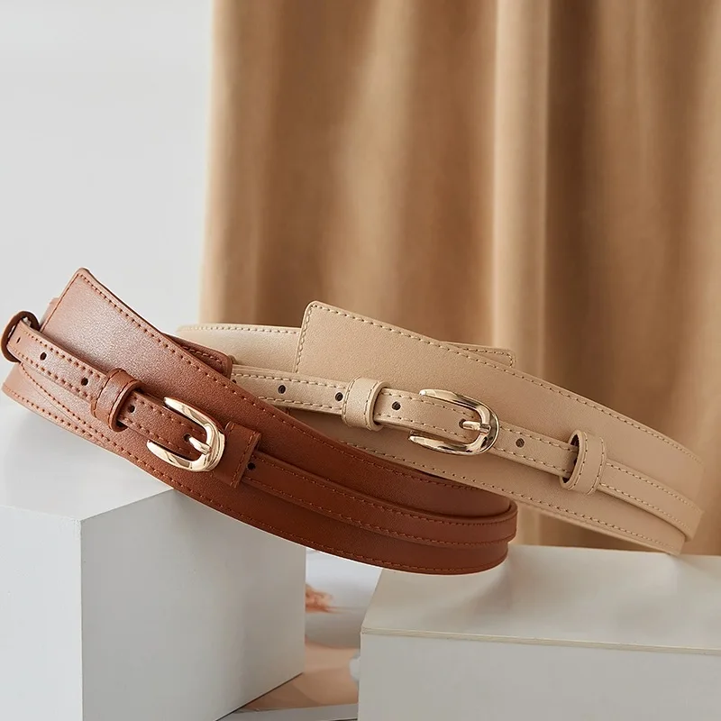 

Trendy Pin Buckle Wide Belt Vintage Solid Color Genuine Leather Waistband Classic Dress Coat Girdle For Women Gold Buckle Girdle