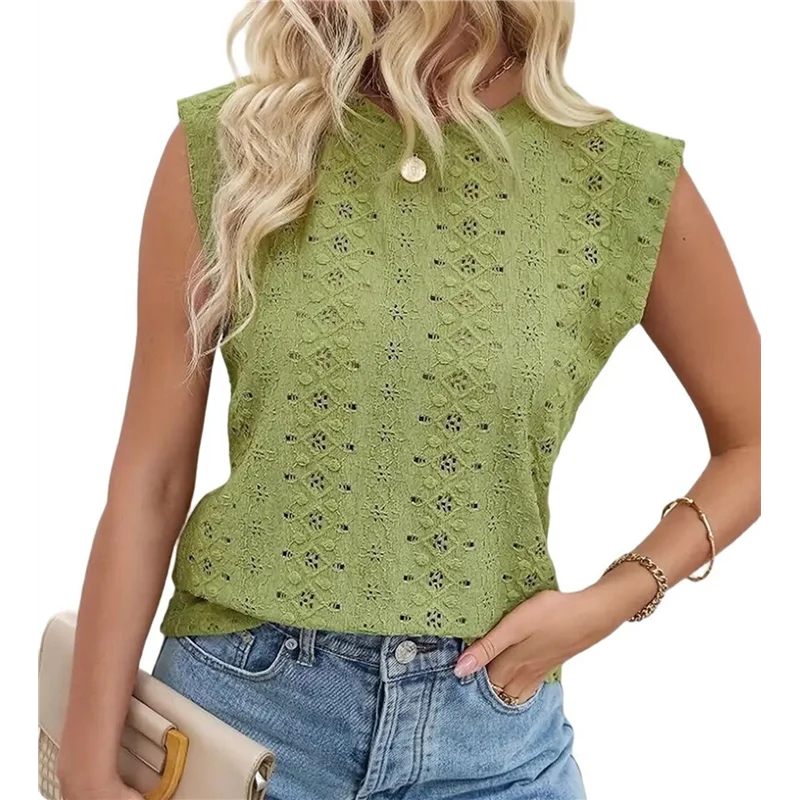 

ASDS-Women's Summer Tops Casual Crewneck Cap Sleeve Shirts Light-Weight Crochet Knit Texture Tank Top Blouses
