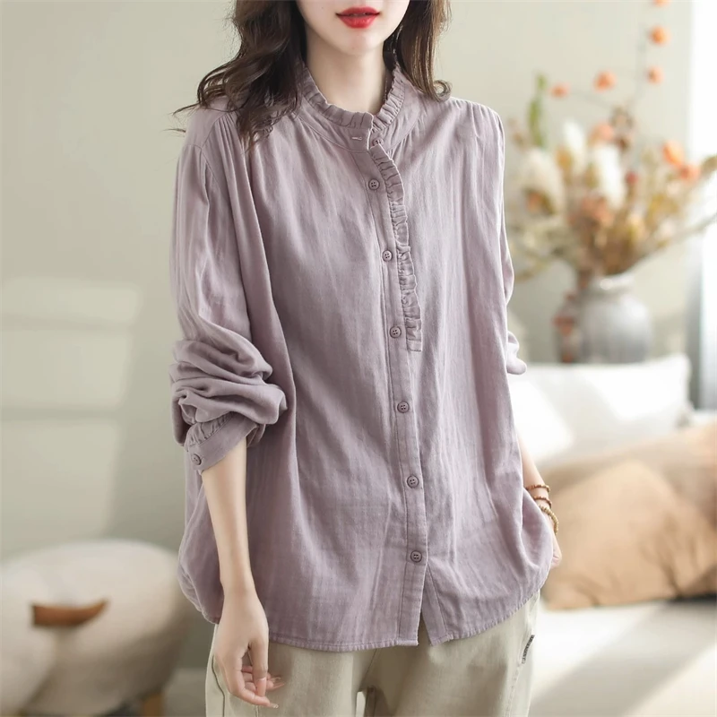 2024 Spring Autumn Women\'s Vintage Simple Casual Button Up Shirt Ruffled Long Sleeve Cotton Linen Blouse Female Solid Loose Tops