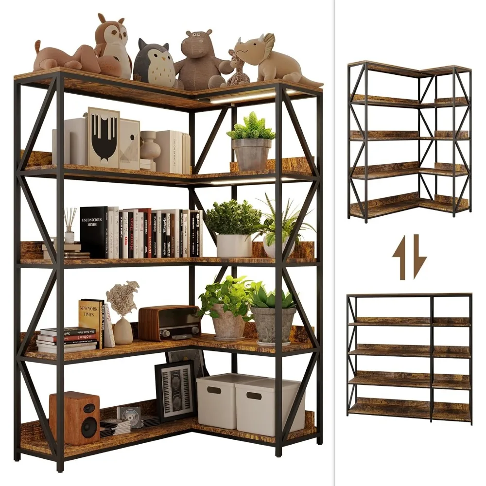 

Large Farmhouse Style 5 Tiers Corner Bookshelf with Grow Light, Extra Wide Plant Stand & Bookcase for Home Office 、Craft Space、L