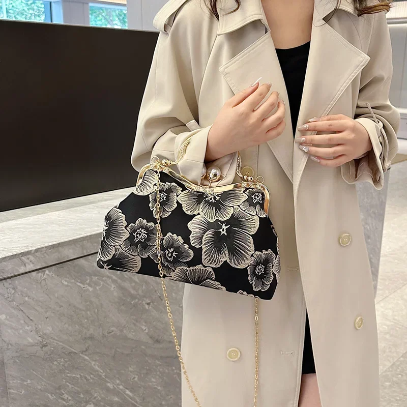 Vintage Women Flower Wedding Dinner Shell Clip Evening Clutch Handle Totes Embroidery Chain Crossbody Bags Purse And Handbags