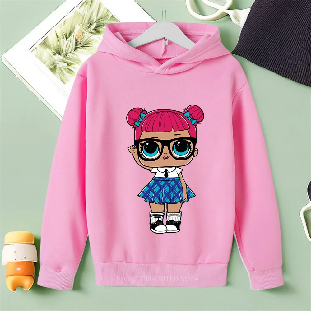 New Hoodie Craze with Adorable Surprise Doll Print, Unisex Kids' Cotton Casual Outfit for Outdoor Play in Autumn