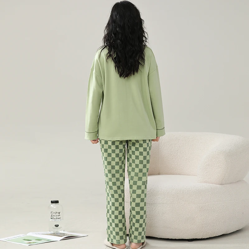 Green Plaid Pajamas Cute Casual Sleepwear Long Sleeves Long Pants Autumn Winter Kawaii Pyjamas Cozy Pijamas Soft Nighty Lady Pjs