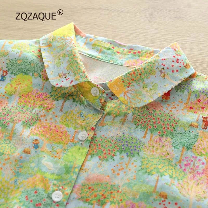 Korean Fashion New Colorful Cotton Shirts Tree Printing Short Sleeve Shirt Women\'s Loose All-match Top Wholesale Retail S060