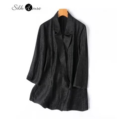 2024 Women's Fashion Spring New 100%Natural Mulberry Silk Old Turtle Crack Gambiered Guangdong Gauze Black Suit