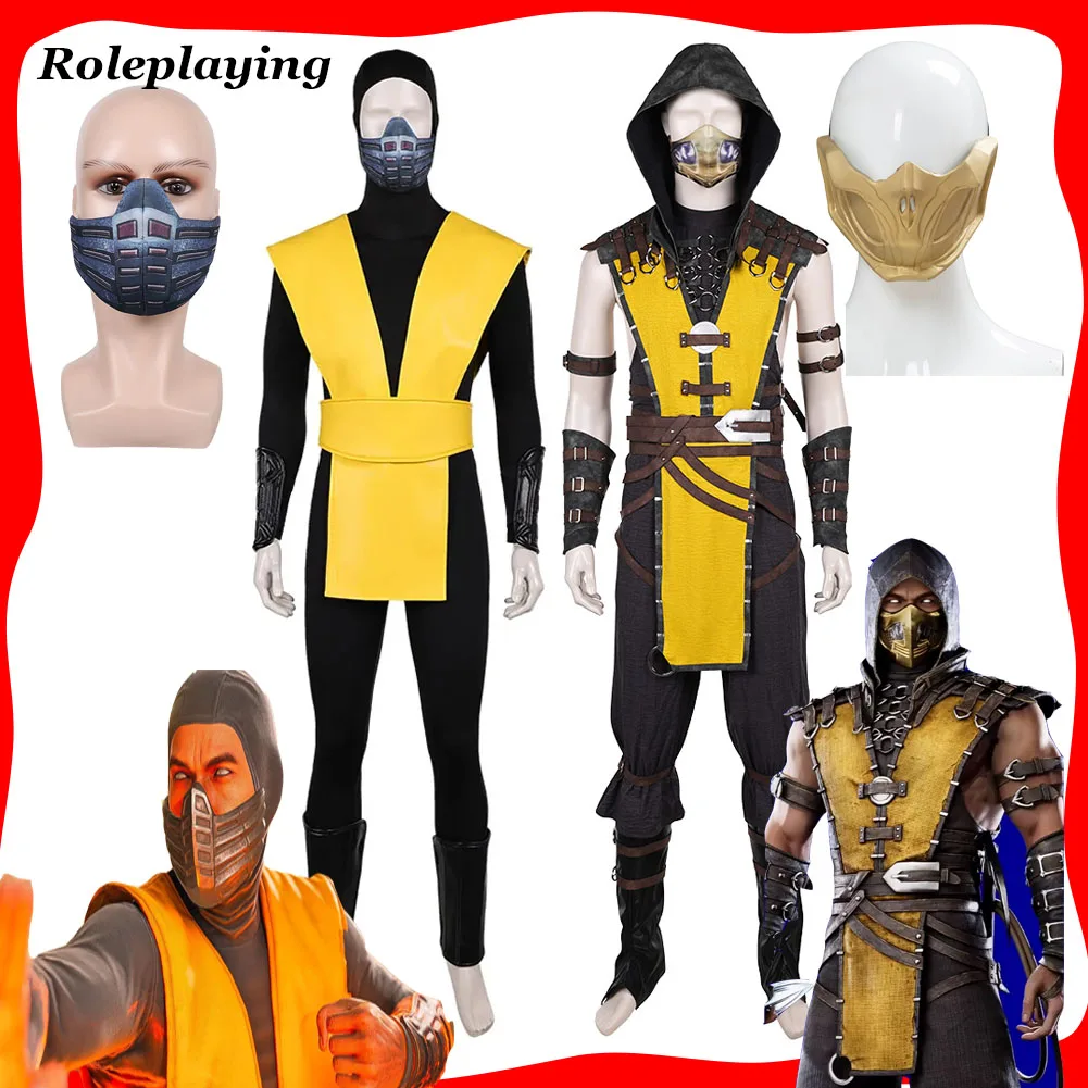 Игра-mortal-combat-scorpion-Косплей-Мужской-Фэнтезийный-Желтый-Костюм-Костюм-Маска-для-Мужчин-Взрослых-Ролевая-Игра-Хэллоуин-Карнавальный-Костюм-Партии