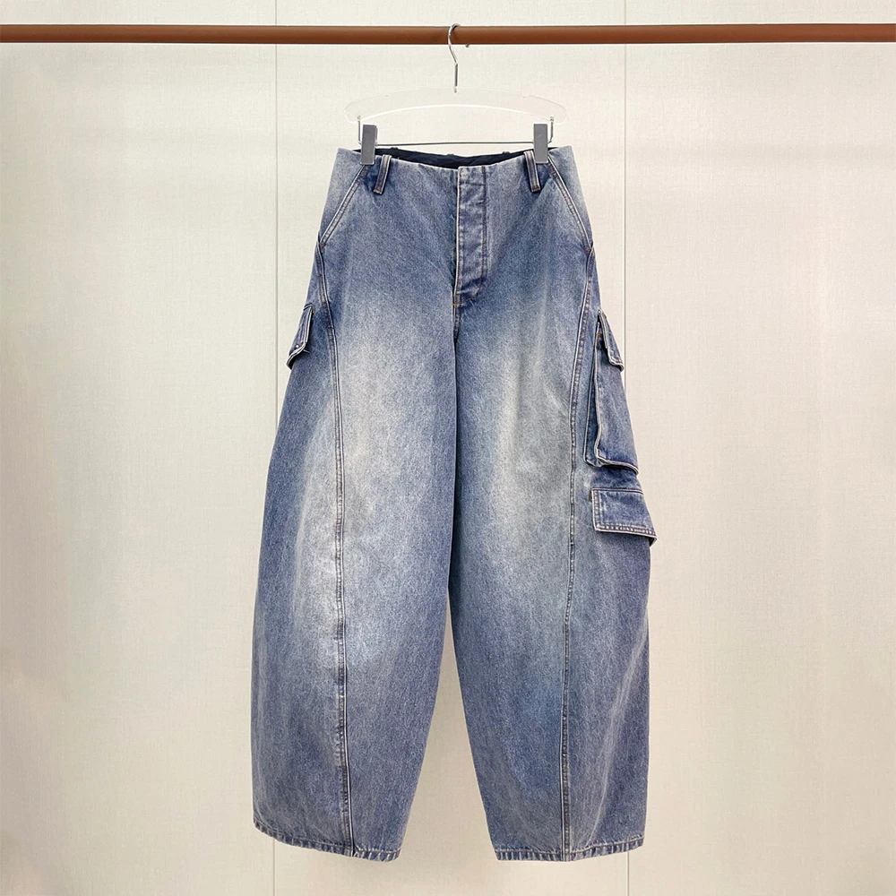 Women Cotton‑blend Baggy Cargo Jeans Vintage Washed High Waist Multi‑Pocket Wide Denim Pants Ladies Streetwear Loose Trousers
