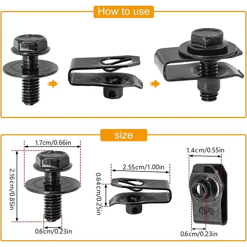 20pcs Car Body Bolts & U-nut Clips M6 Engine Cover Undertray Floor Splash Guards, Bumper Washers Fastener Rivet Screw