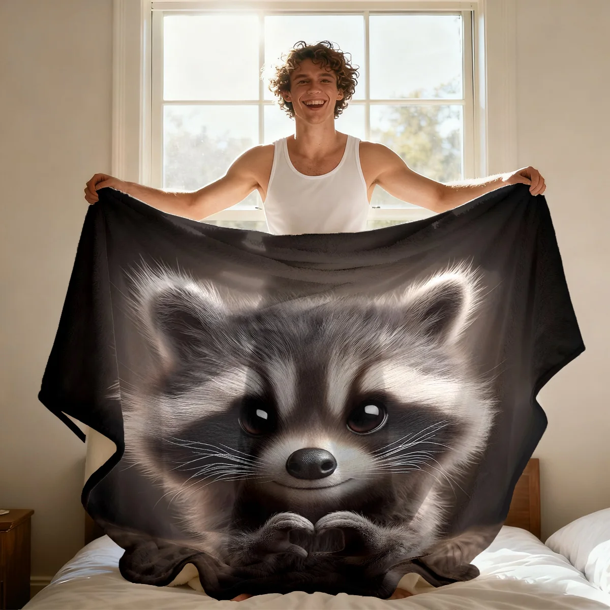 1pc Raccoon Animal Printed Flannel Blanket Multi Size Living Room Sofa Napping Leisure Blanket Machine Washable