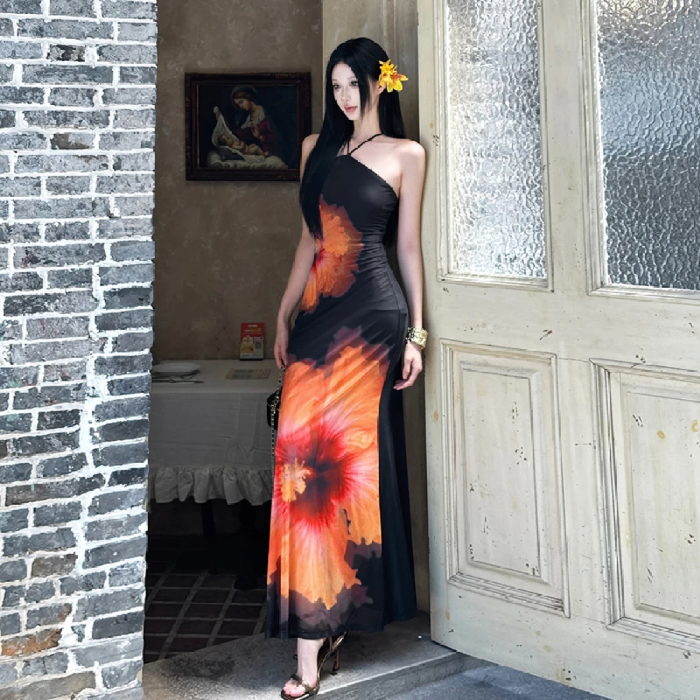 SylCue Vestidos Longos Estampado Flor Mulheres Malha Patchwork Halter Fora Do Ombro Backless Verão Férias Praia Estilo Vestidos Elegantes