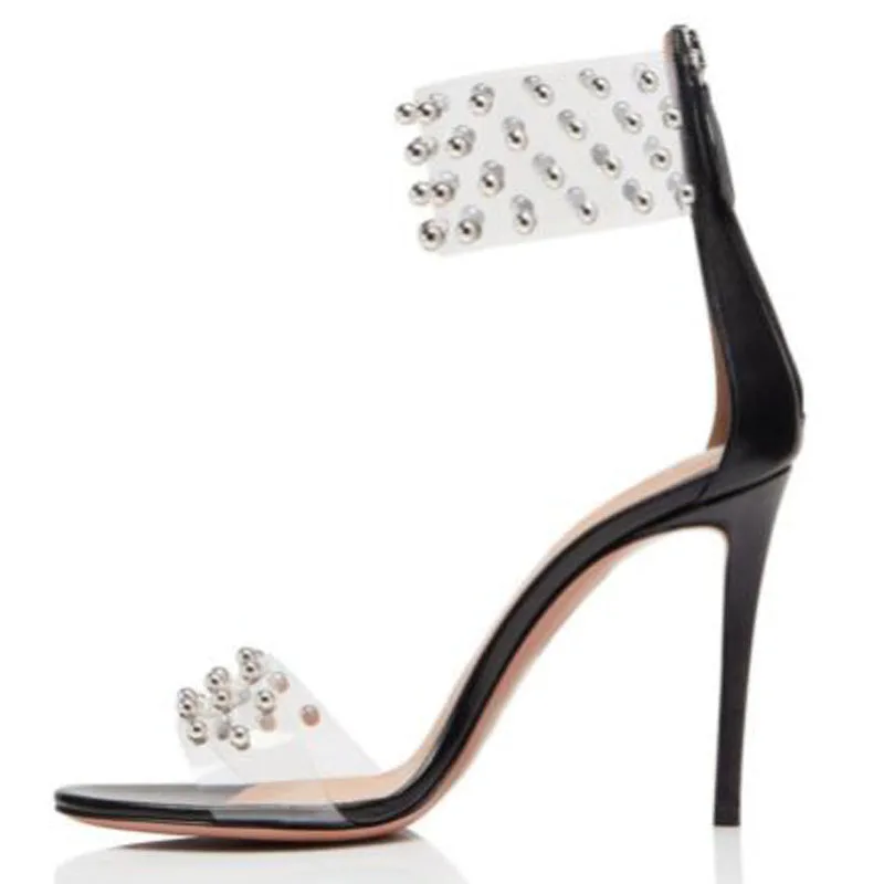 

Summer Women Black White Clear PVC Round Rivet Cover Heel Zipper Back Stiletto Heels Pumps Lady Open Toe High Heel Sandals Shoes