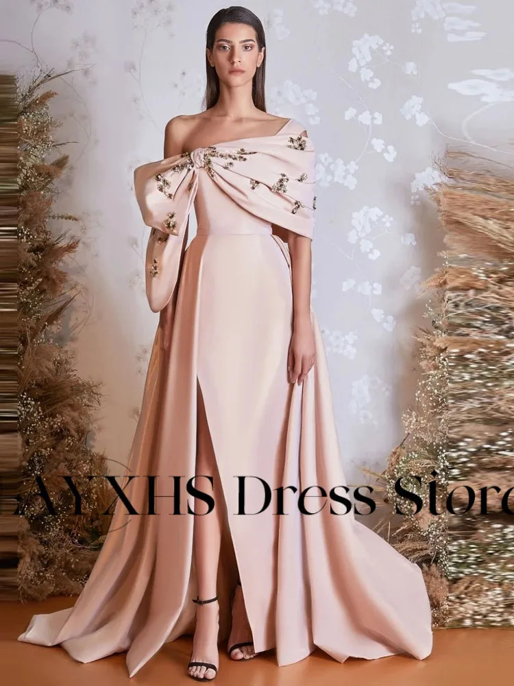 LAYXHS robes de soirée arabes saoudiennes élégantes hors de l'épaule nœud perlé tribunal train côté Sli robes de bal personnalisé فساتmavera