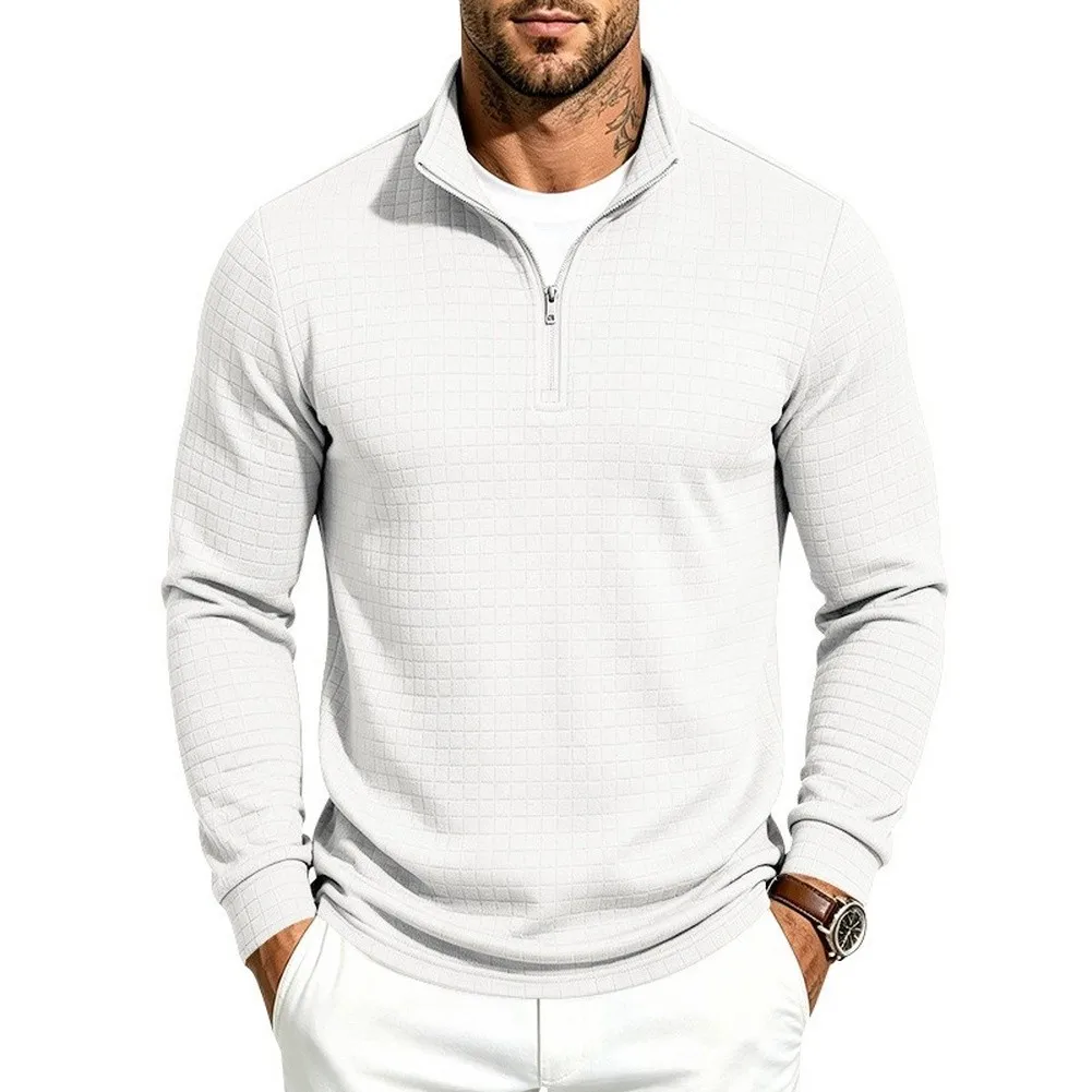 Long Sleeve Half Zip Pullover for Men Featuring Stand Collar Definition and Balanced Jacquard Checkered Layout