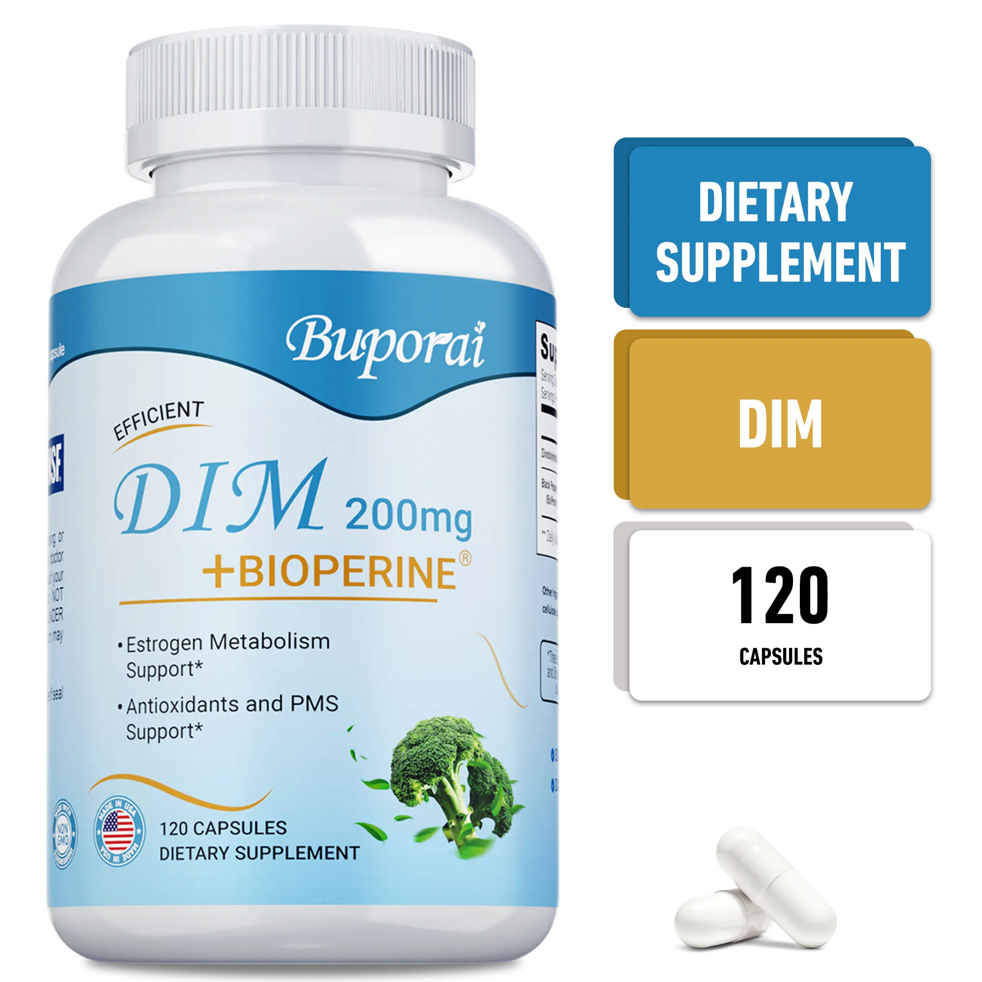 DIM + BIOPERINE - مضاد للأكسدة، يحسن لون البشرة، وتخفيف ذاكرة الطمث والساخنة، وتوازن الهرمونات، ويعزز الطاقة