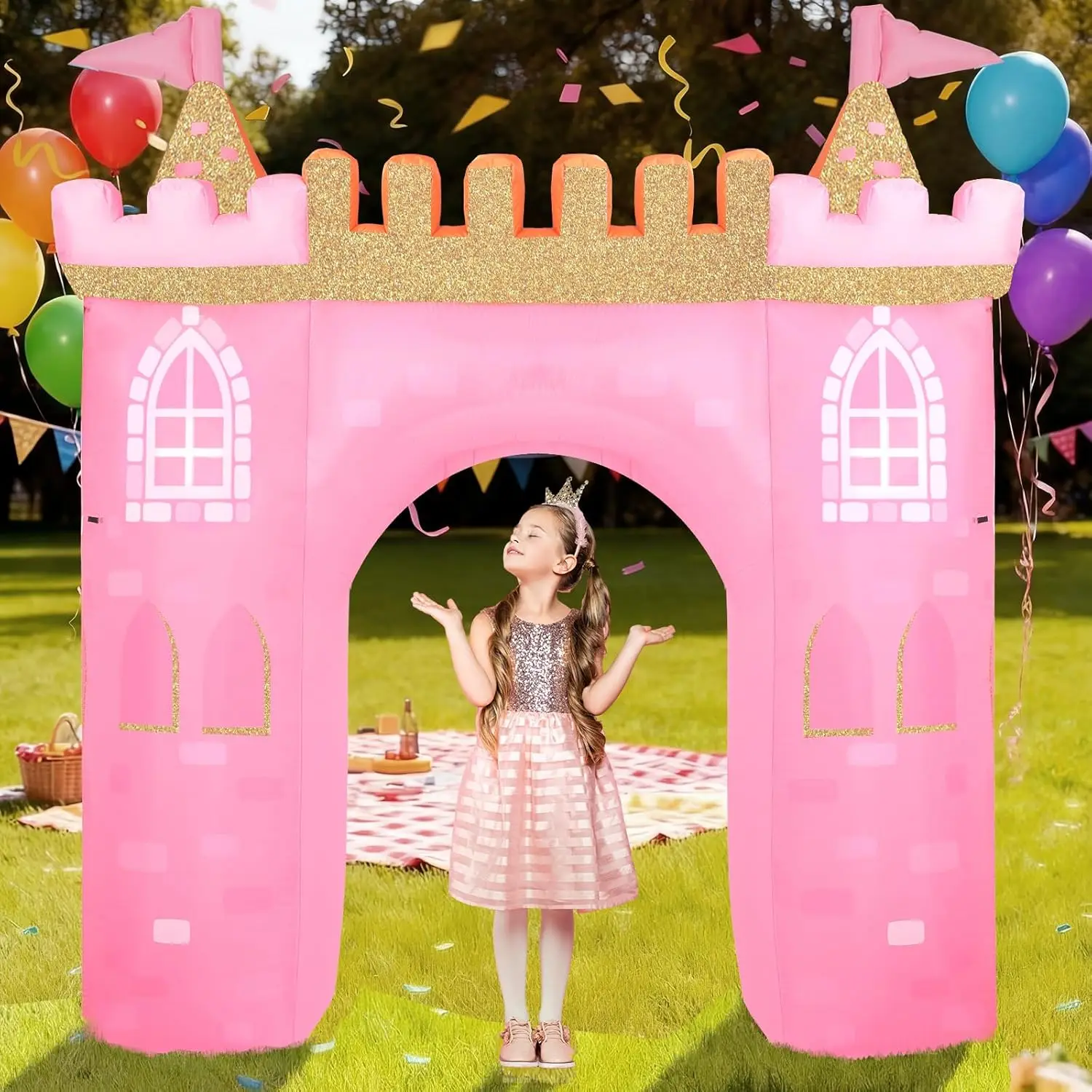 

Pink Princess Inflatable Arch Castle with Built-in Lights for Girl Birthday Party Outdoor Decor