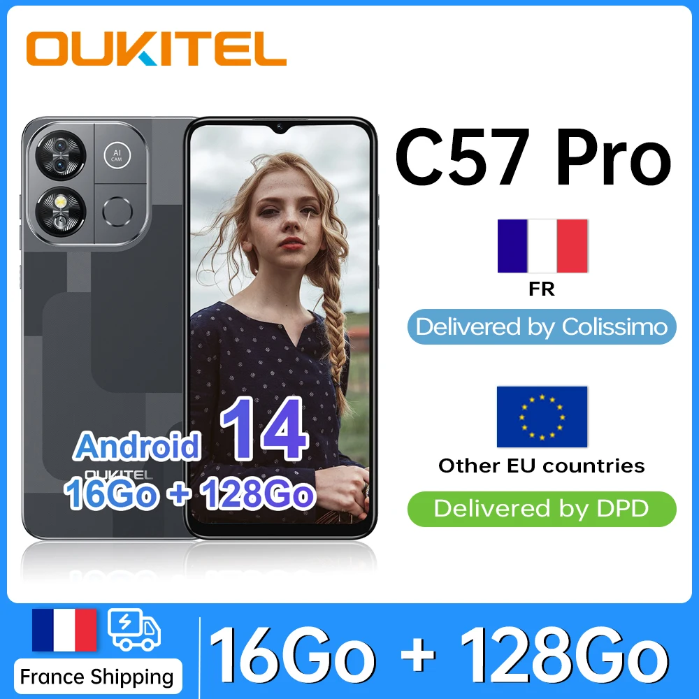 Smartphone OUKITEL C57 Pro 4300mAh 4G 16Go (4 + 12) RAM /128go ROM - 6,52 13MP Android 14 4300mAh GPS Double SIM