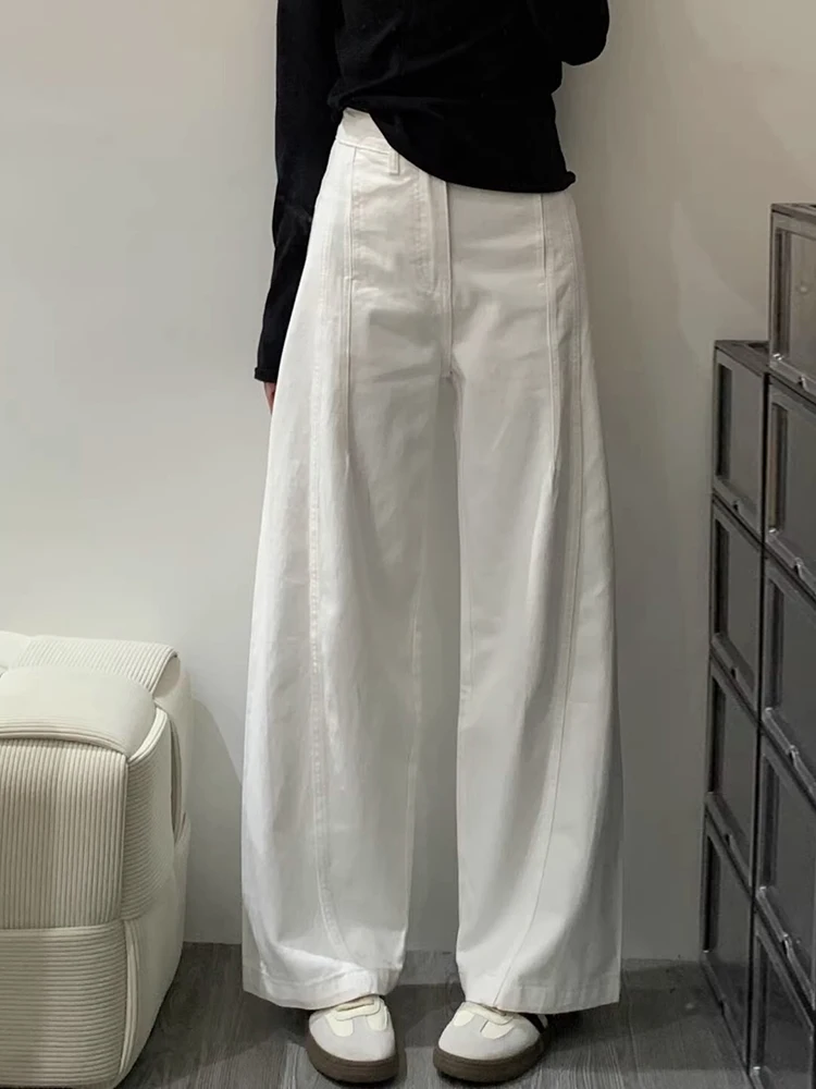 

Белые широкие джинсы с высокой талией, женские свободные брюки прямого кроя для похудения, банановые косой, большие размеры, модные повседневные джинсовые брюки