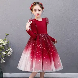 2025 New Red Princess Dress Baby Girls Dress Spring Kids Clothes Dress Party Long-sleeved For Children Dress Rainbow 3-10T