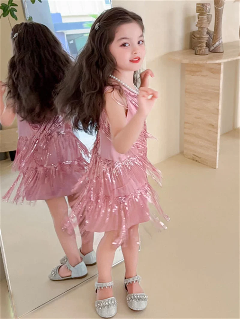 Children Fashion Fringed Dresses Girls Trend Dance Performance Clothes Kids Festive Celebrations Party Skirt 3-10 Years Old