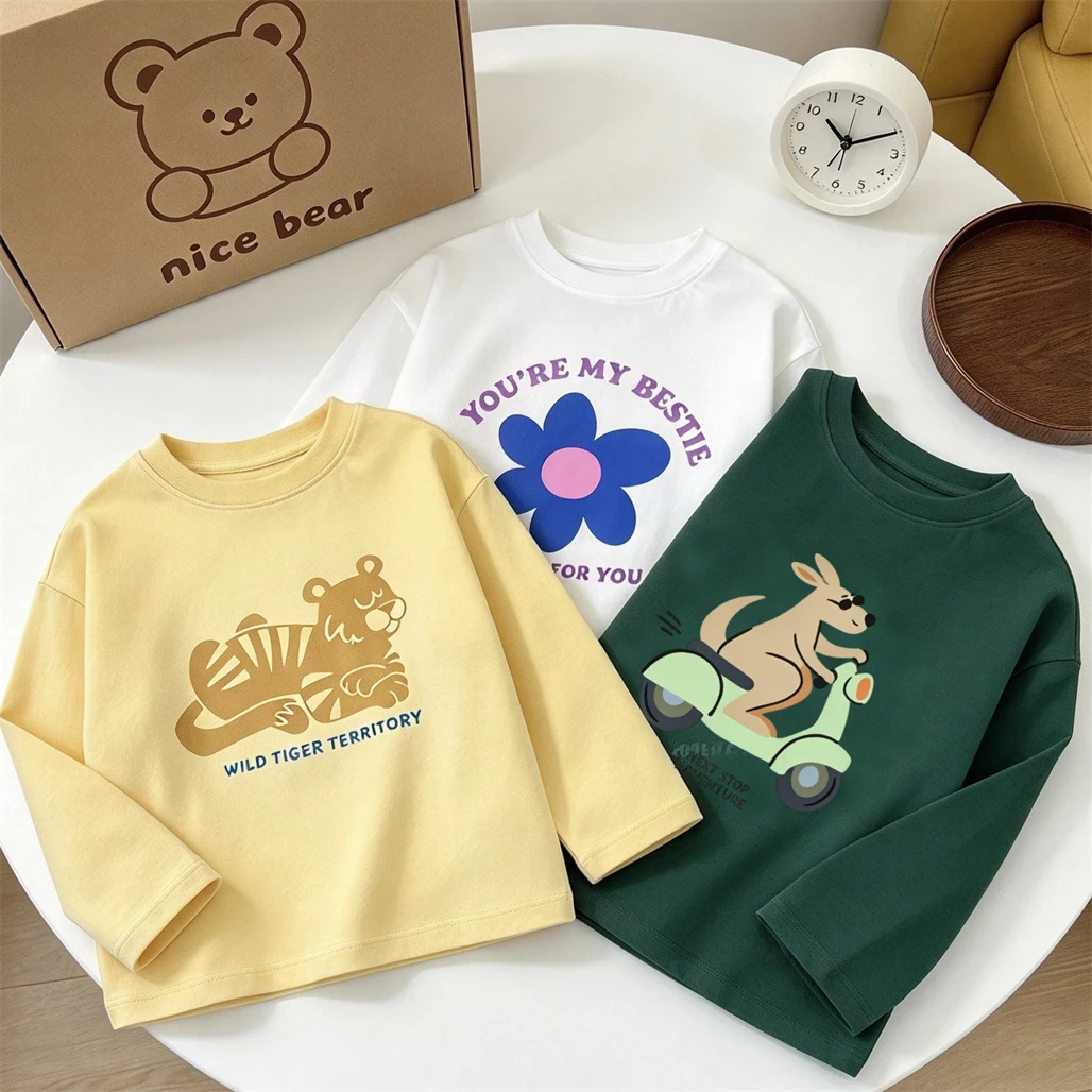Children's Fashion Tees Long-sleeved Pullovers Spring Summer Clothes Cartoon Printed TShirt Kids Simple All-match Base Shirt