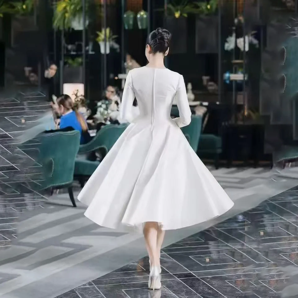 Wedding Dresses Tea Length O-Neck Stain A-Line White Zipper Back Bridal Gowns for Women Real Photos Customized