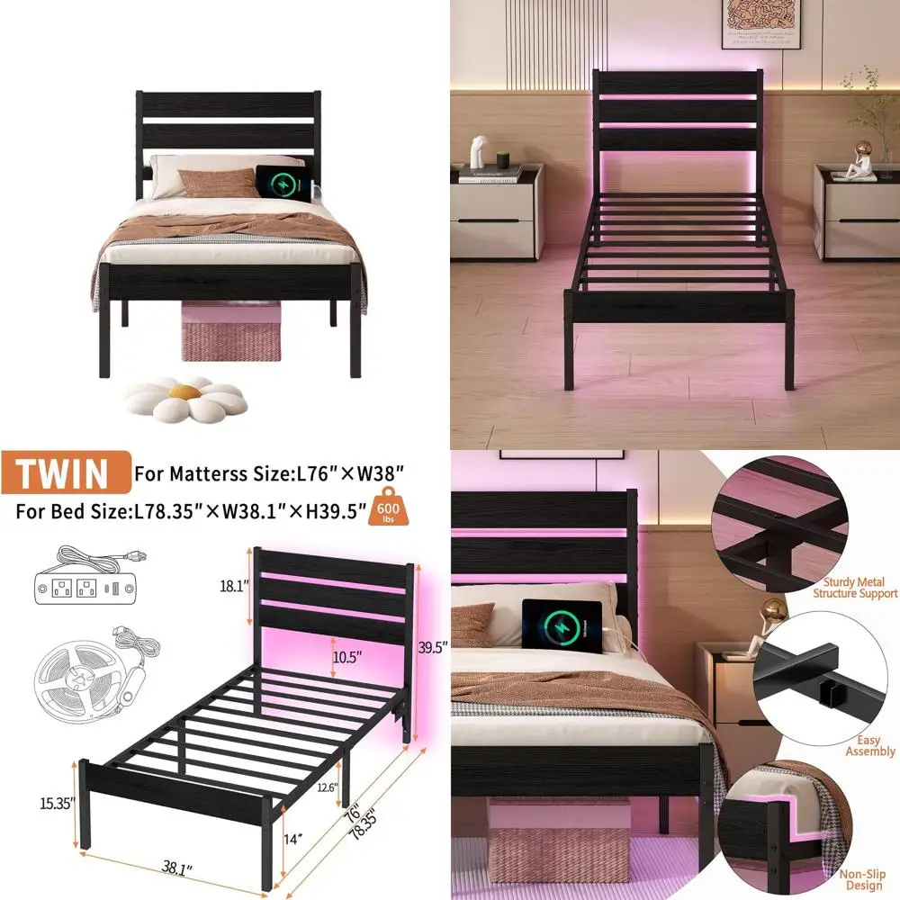 

Sturdy Black Twin Bed Frame with Headboard, LED USB Charging, Mattress Support, Underbed Storage, Box Spring Free, Silent Operat