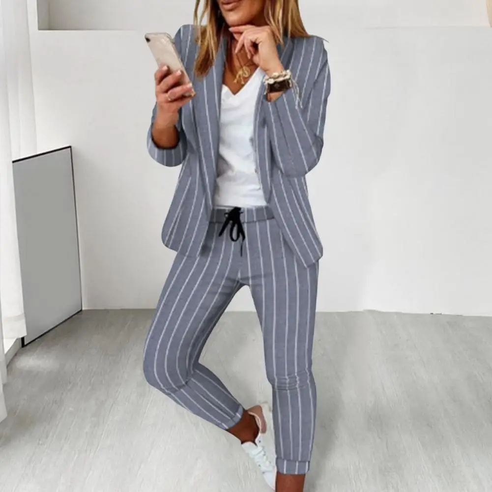 Set jaket celana panjang Slim Fit, jaket panjang Formal motif kotak-kotak elegan untuk wanita, jaket Slim Fit dengan elastis untuk dipakai