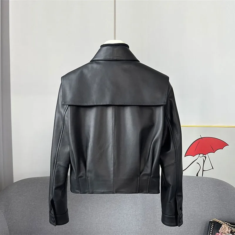 Spring Autumn Leather Jacket Women 2024 New Short Leather Jacket Outwear Female Fashion Navy Collar Single-Breasted Leather Coat