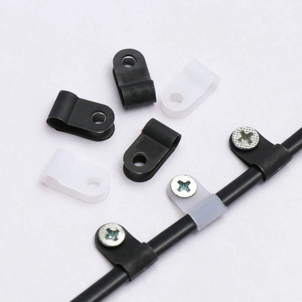 100PCS/lot Plastic P Clips Black Hose Cable Fasteners White R-Type Nylon Cable Clamp Mounting Fix Hardware Electrical Fittings