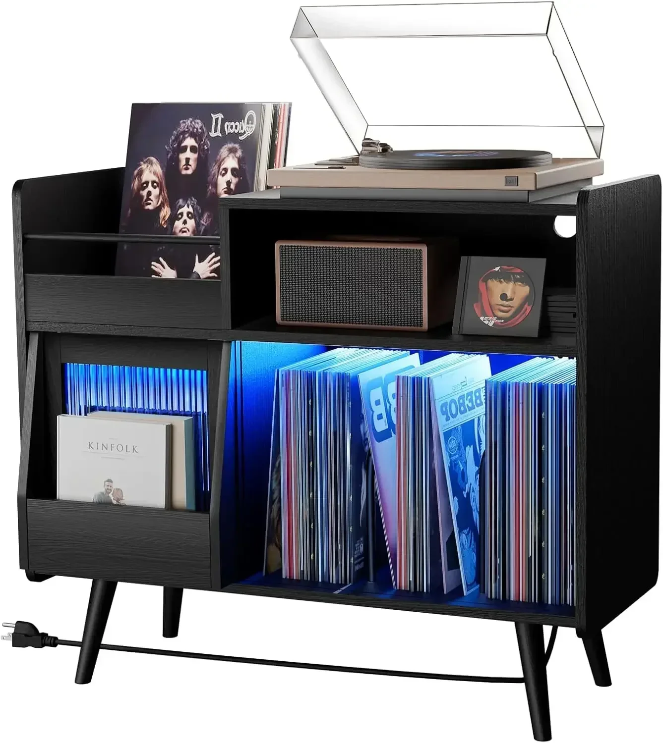 

Large Record Player Stand with Sliding Door,350 Vinyl Record Storage Cabinet, Record Player Table with Power Outlet and LED