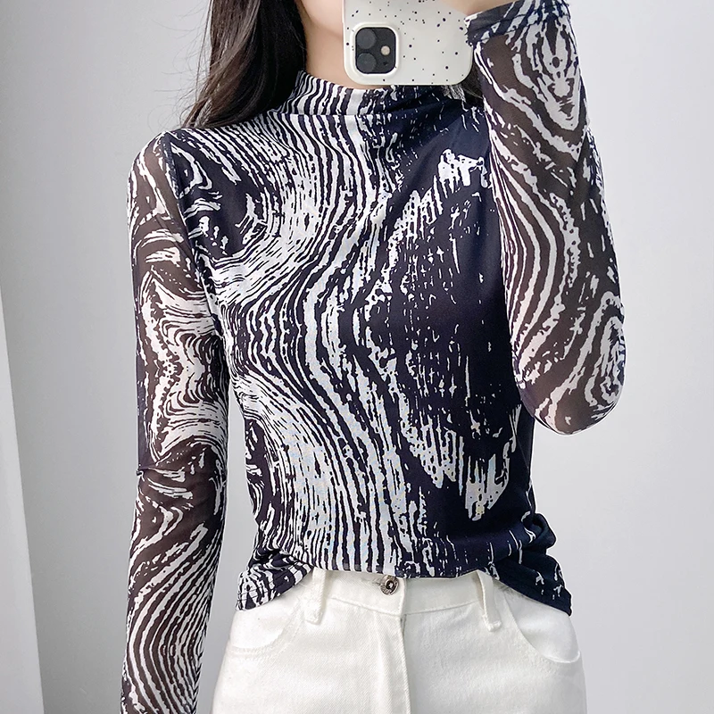 Y2K European Western Style Top Women High Neck Mesh Tshirt Long Sleeve Positioning Flower Autumn Winter