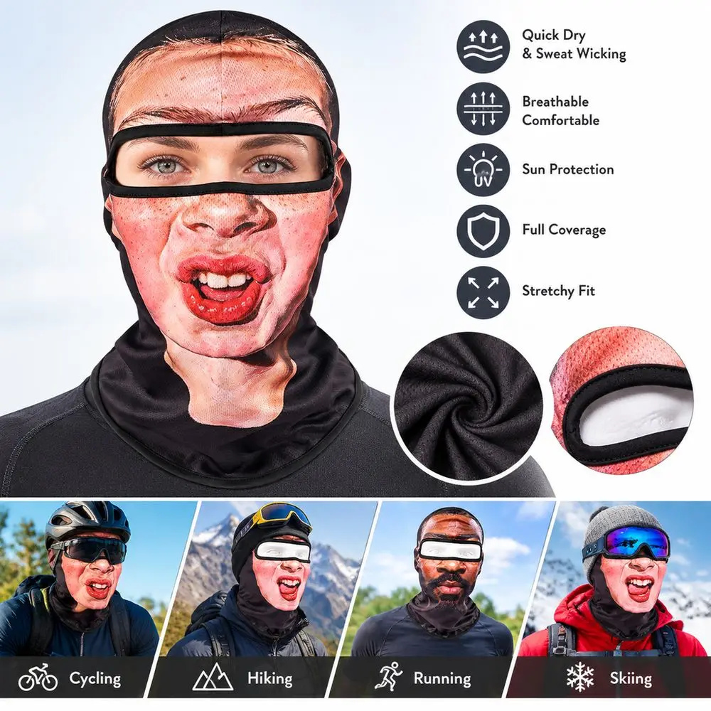 Quick Dry Funny Face Mask Sun Protection Breathable Realistic Balaclava Realistic Face Design Full Coverage Prank Face Hood