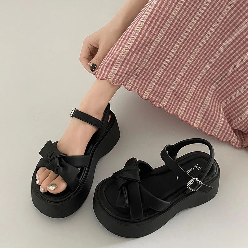 Sandal wanita, Platform musim panas wanita, jari terbuka baru, sepatu wanita hak tinggi Chunky, sol datar kasual, sandal hak hitam