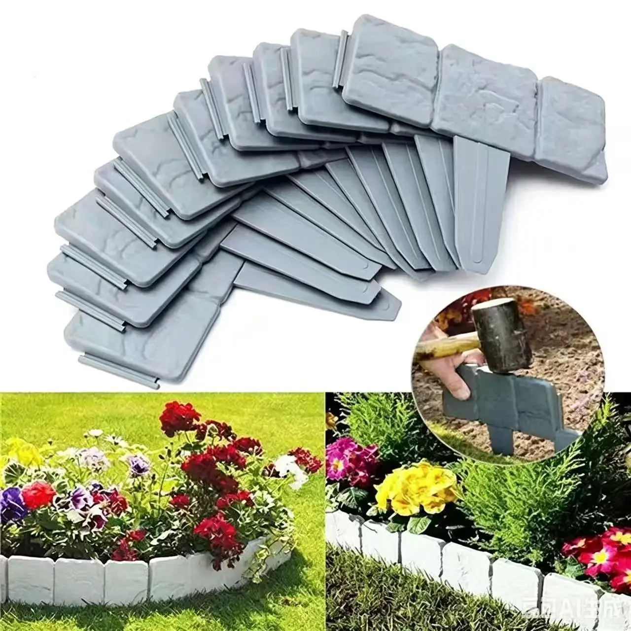 20-piece Set - Grey Imitation Stone Pebble Effect Garden Lawn Edging - Interlocking Walkway Border - Total 20 Pieces