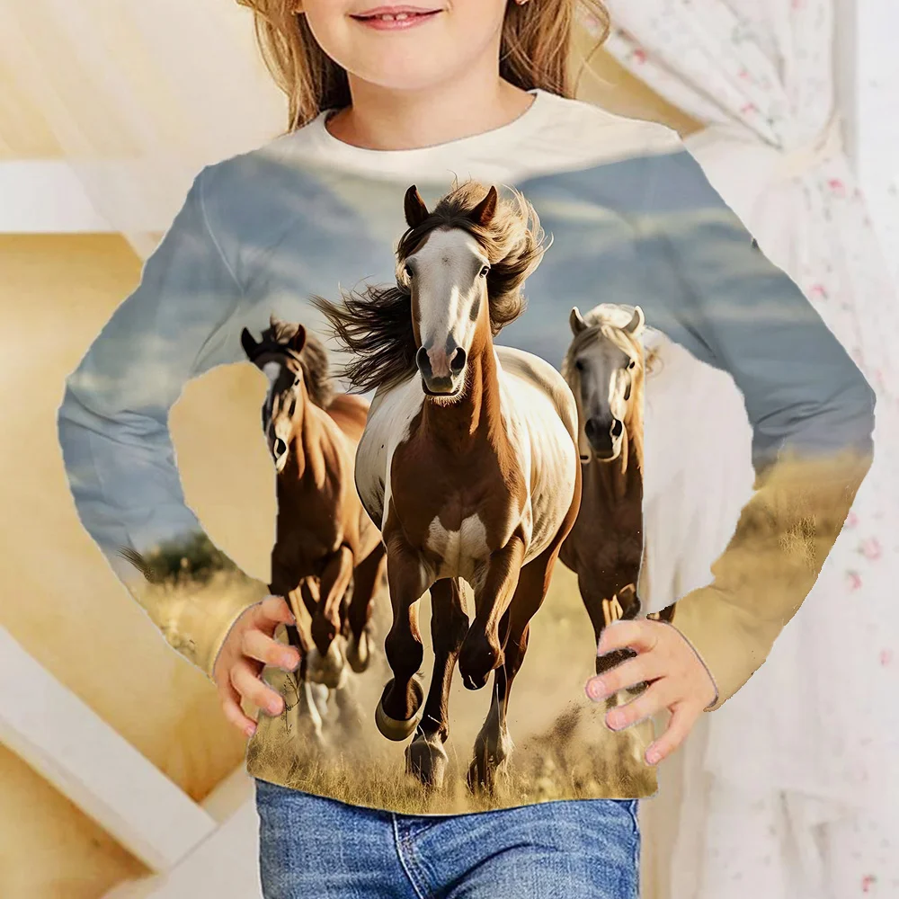 Girl Clothes Girl T-Shirt Long Sleeve 3D Horse Kids Autumn Clothes Stylish Casual Children Tops Round Neck Child Boy Clothing