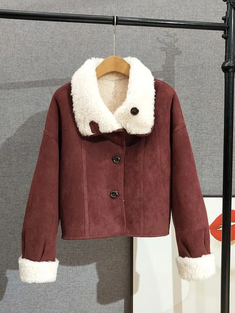 Winter Women Reversible Pure Wool Inner Jacket Turndown Collar Thick Warm Short Jackets Coat Single Breasted Quality Outerwear