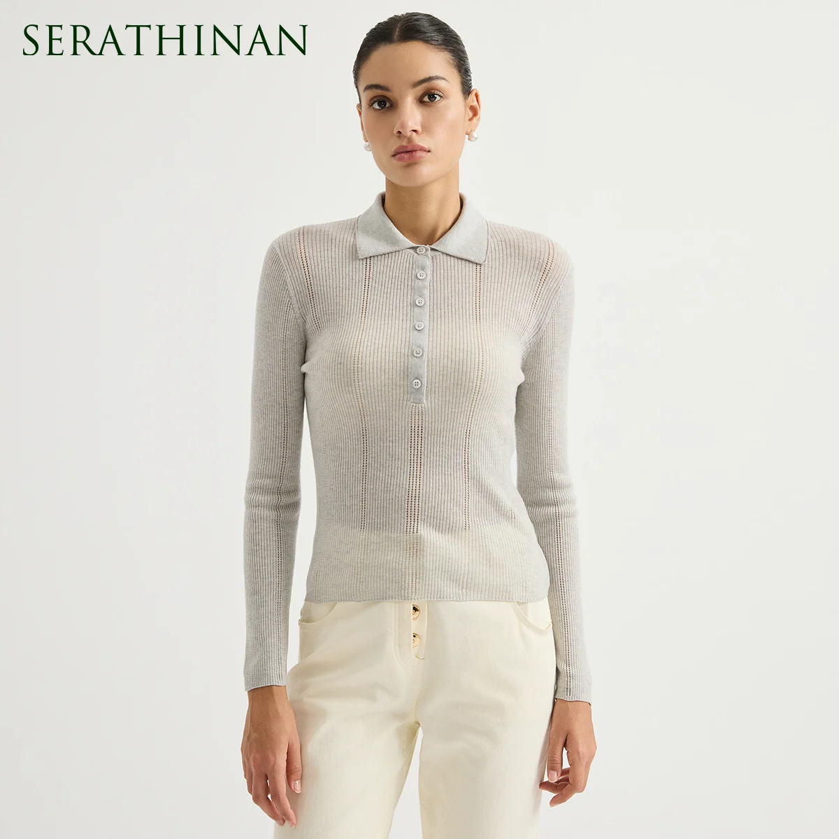 BY3621691 Women's Polo Collar Pointelle Knit Wool Blend Long Sleeve Half Placket Shell Button Collar Chain Quiet Luxury Fall