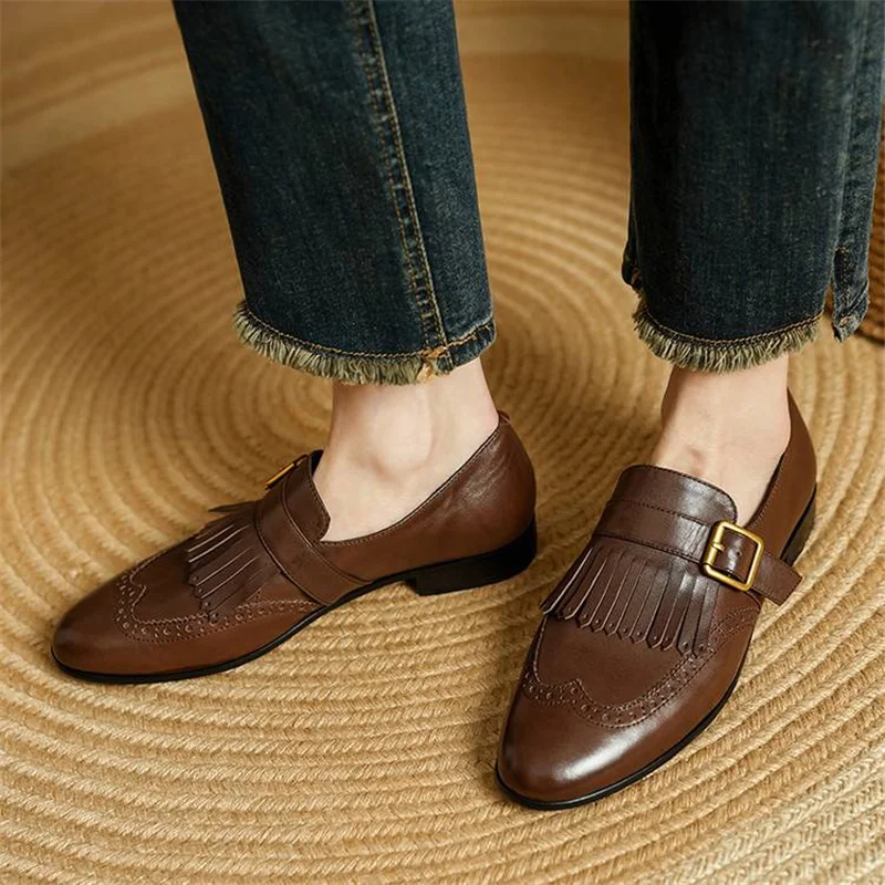 

New Spring/Autumn Women Pumps Round Toe 2cm Chunky Heel Shoes Genuine Leather Shoes for Women Women Loafers Tassels Shoes SU05