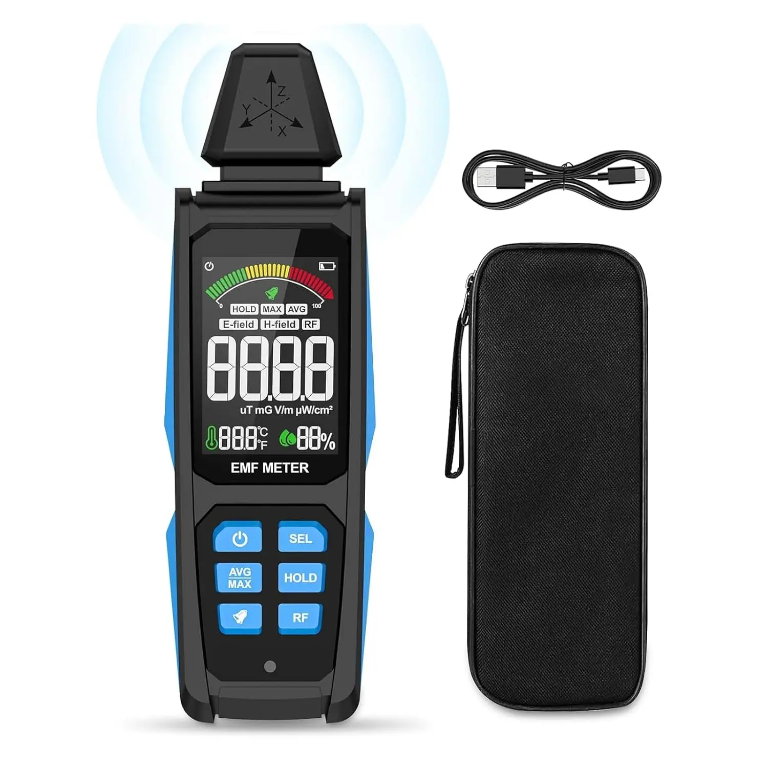 

EMF Detector, 5 in 1 Rechargeable Digital EMF Radiation Detector, Measuring Ambient Temp and Humidity, Home EMF Detection