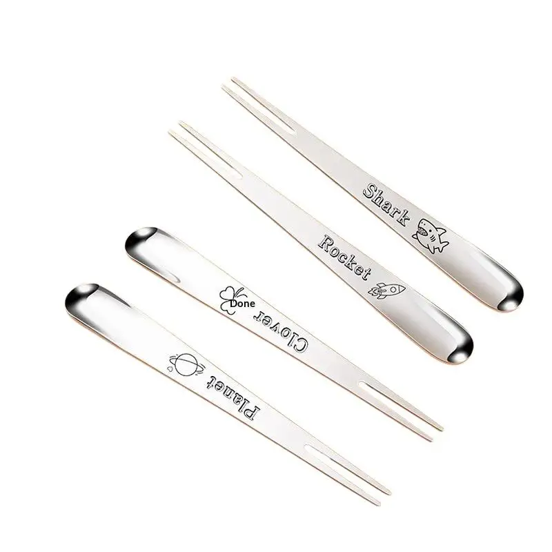1PC Durable 304 Stainless Steel Fruit Forks Cute Long Handle Dinner Forks 2-In-1 Dual-Purpose Forks Spoon Kitchen Tableware