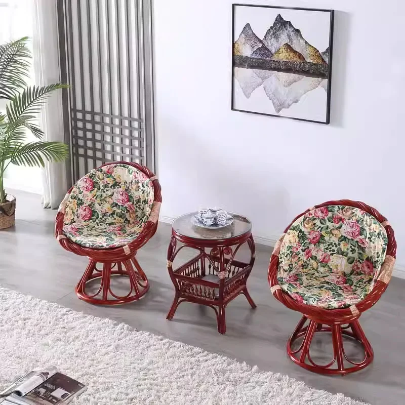 Rotating rattan chair three-piece set, real rattan back chair coffee table leisure balcony
