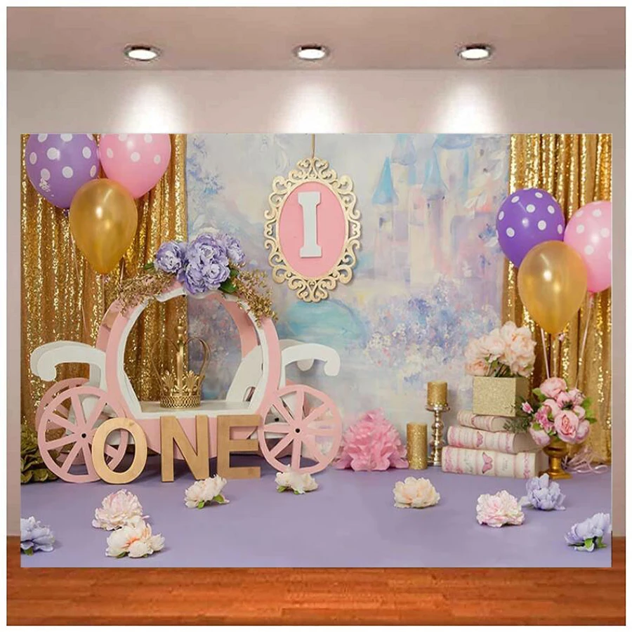 

Photography Backdrop Fairy Tale Carriage Castle Princess Flowers Girls 1st Birthday Cake Smash Photo Background Banner Studio