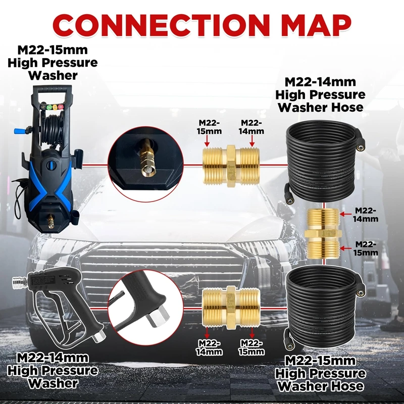 Pressure Washer Hose Connector Brass M22 15mm Male Thread to M22 14mm Male Fitting Hose Extension Adapter 4500 PSI