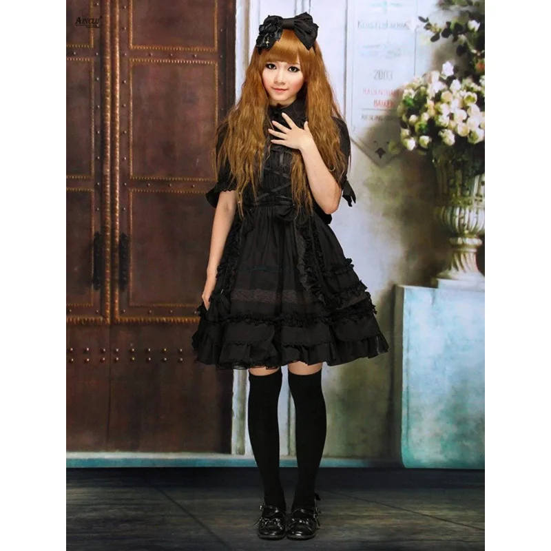 Vestido gótico de Lolita para mujer, disfraces de algodón de manga corta, línea A, XS-XXL, longitud hasta la rodilla, color negro oscuro