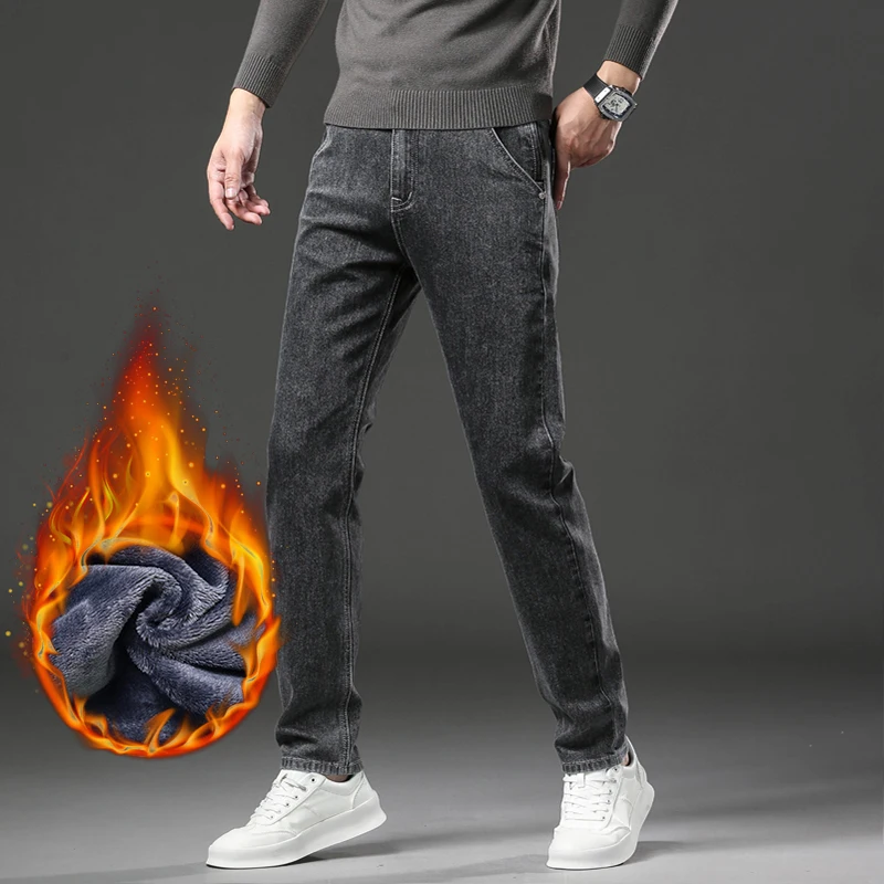 الشتاء الرجال الجينز سميكة الصوف الأعمال موضة خمر نحيل السراويل الطويلة عادية بلون سراويل جينز الشارع الشهير الذكور