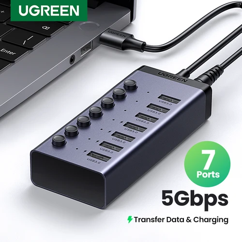 UGREEN USB HUB 7 puertos USB3.0 divisor 5Gbps con interruptor individual adaptador de corriente para PC portátil puertos USB extensor USB-C acoplamiento