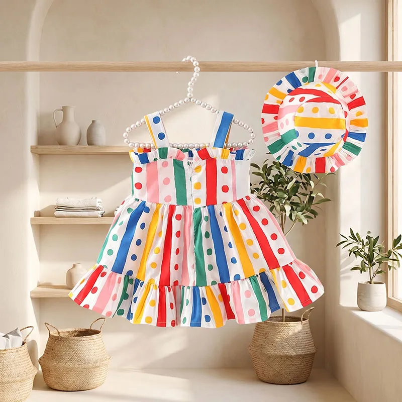 2Pcs/Set Colorful Baby Girl Birthday Party Princess Evening Dress Polka Dot Bow Knot Children Clothes 0 to 3 Years Kids + Hat