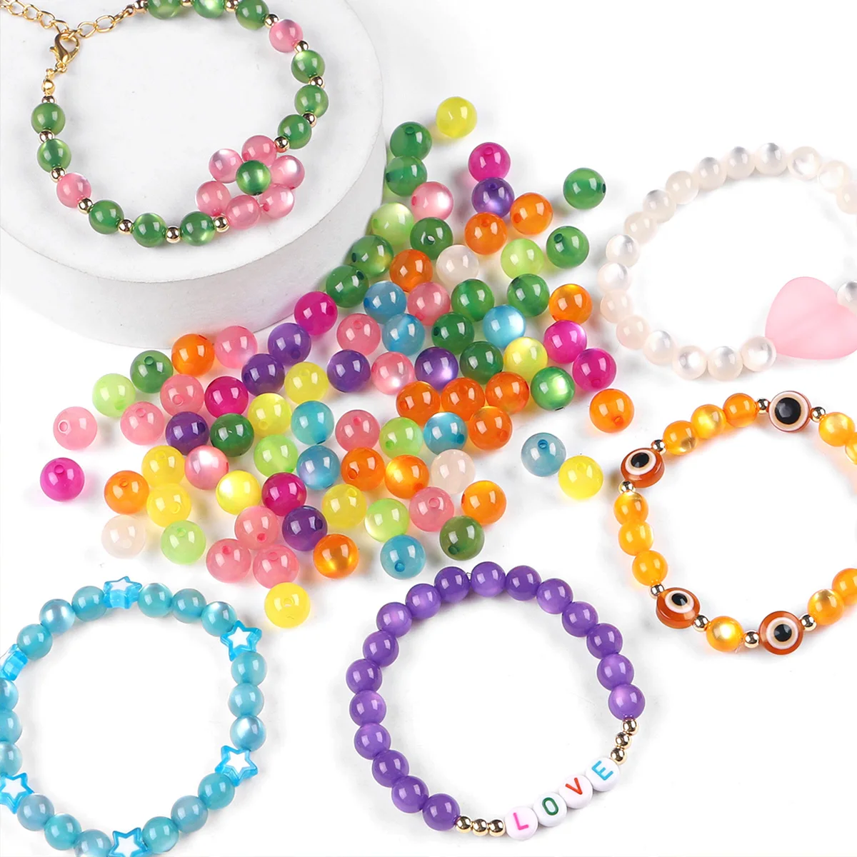 100pcs 6/8mm Resin Imitation Cat Eye Round Beads ColorfulStraight Hole Loose Beads Handmade DIY Beaded Earrings Accessories view 4