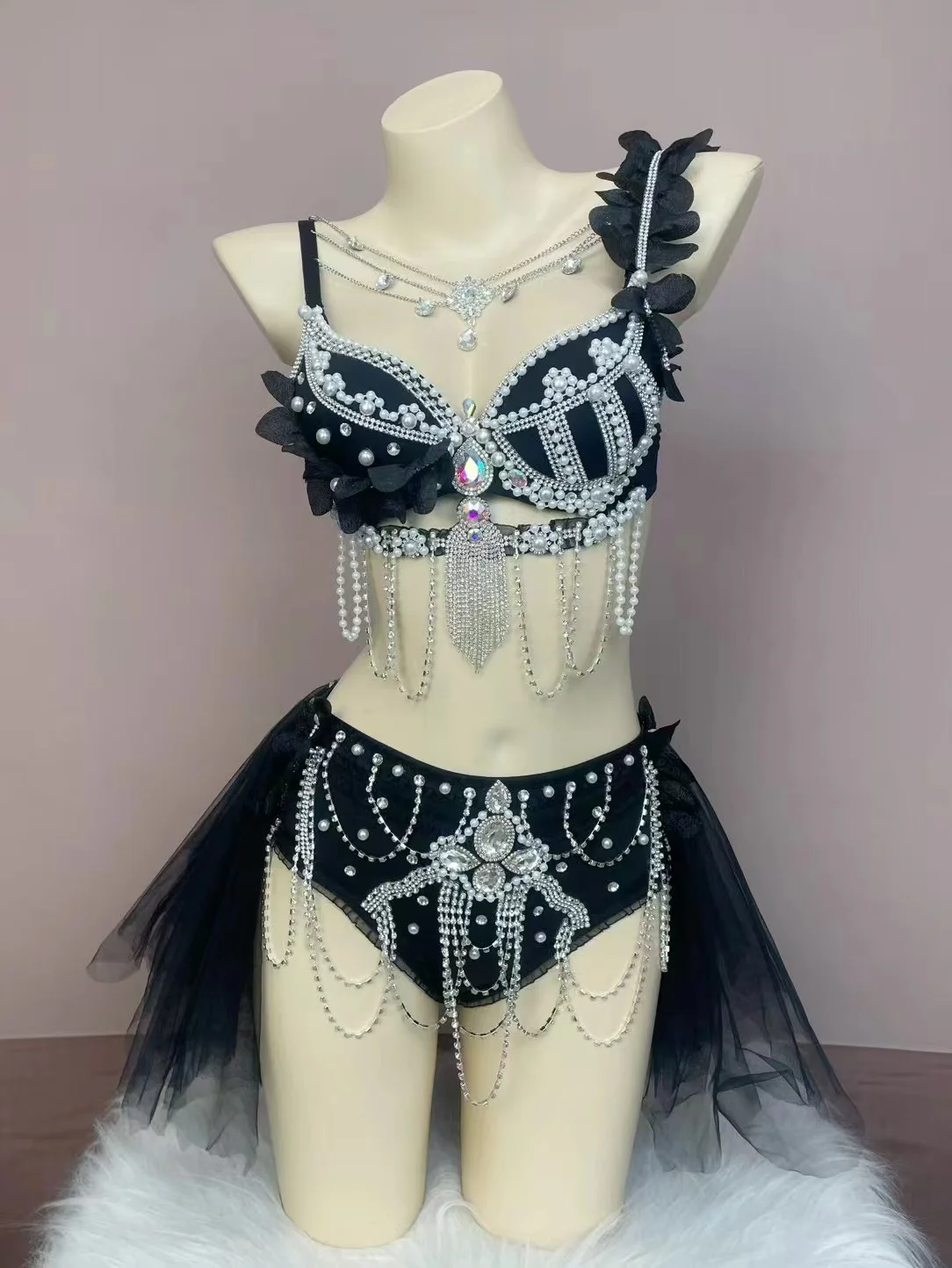 Women Sexy Floral Bikini Outfit Sparkling Diamond Electric Syllable Set DJ Singer Dancer Stage Party Rave Birthday Prom Wear